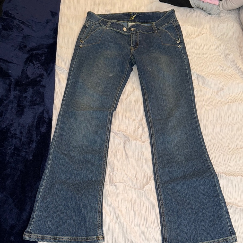 Blue Flare Wide Leg Jeans with Subtle Fading
